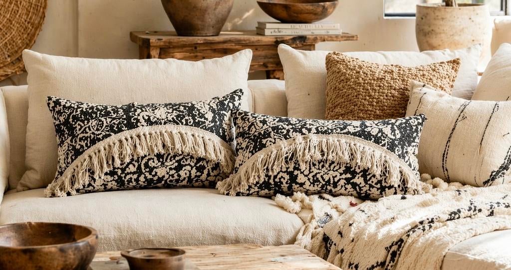 2 jacquard kussens 30 x 60 cm, Huis en Inrichting, Woonaccessoires | Kussens, Ophalen of Verzenden, Zo goed als nieuw, Zwart, Rechthoekig