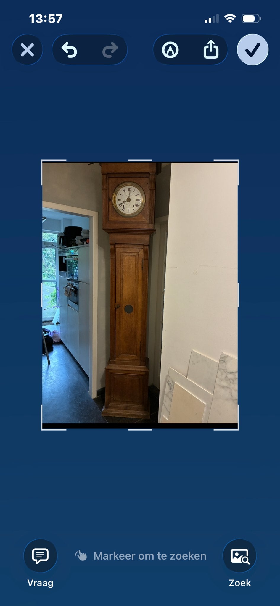 Antieke staande klok, blond eiken, 2.50m hoog, Ophalen