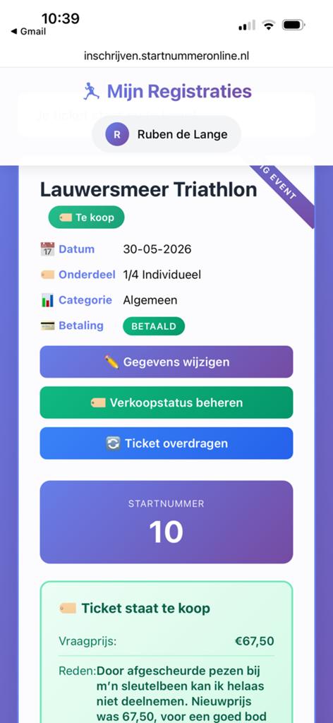 1/4 Triathlon Lauwersmeer startnummer. (Uitverkocht), Eén persoon