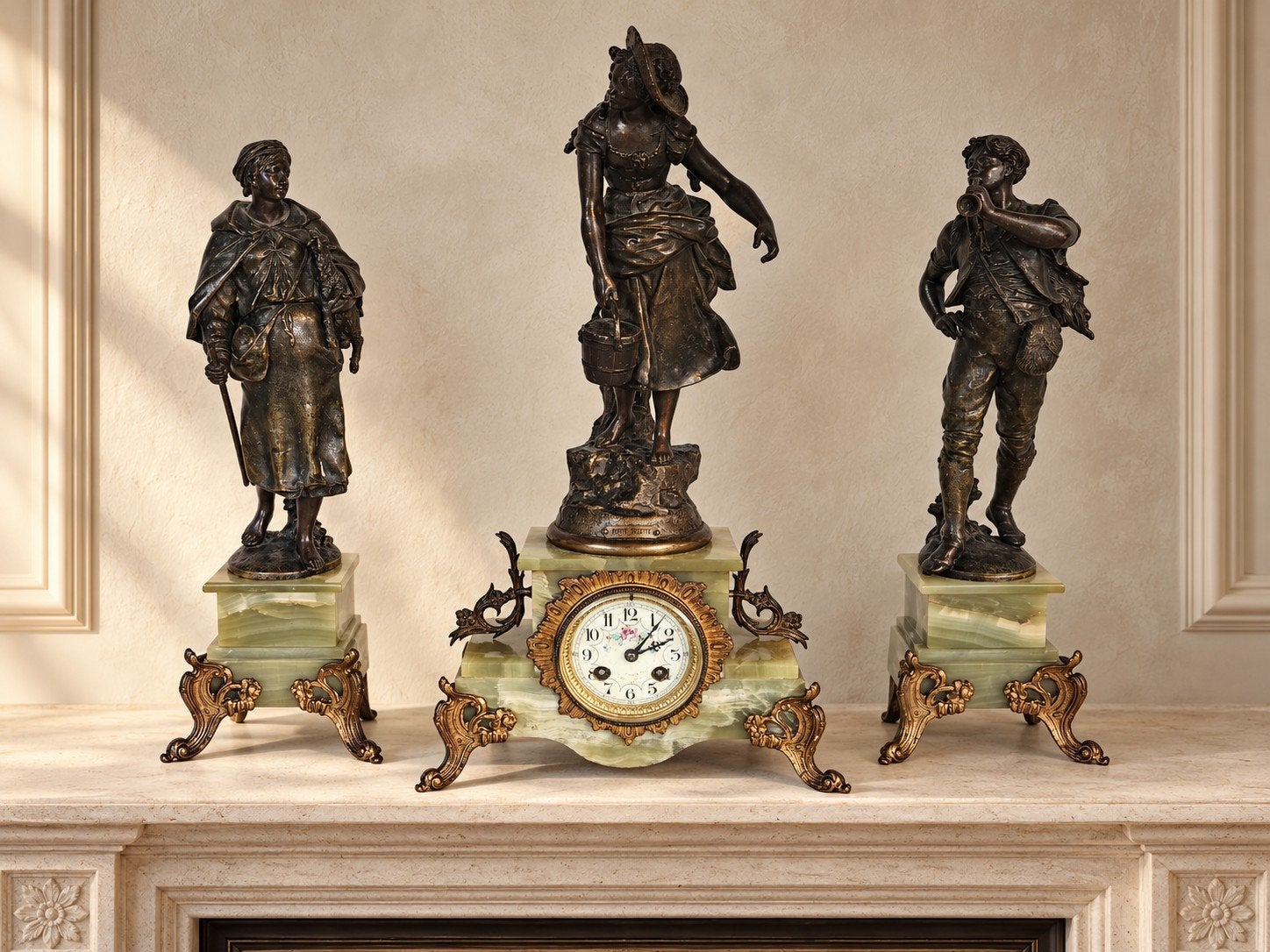 Antiek driedelig pendulestel ‘Petite Suzette’ brons/marmer, Ophalen of Verzenden