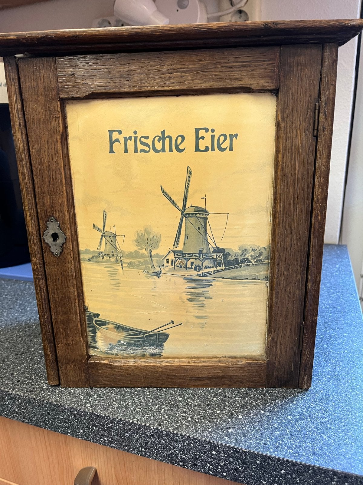 Antiek Frische Eier kastje met molenafbeelding, Ophalen of Verzenden