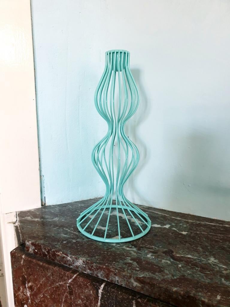 Retro turquoise draad kandelaar, 25 tot 50 cm, Ophalen of Verzenden, Zo goed als nieuw, Metaal