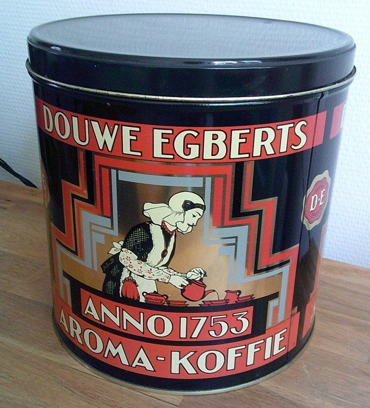Vintage Douwe Egberts grote ronde trommel, Verzamelen, Blikken, Gebruikt, Overige, Douwe Egberts, Ophalen of Verzenden