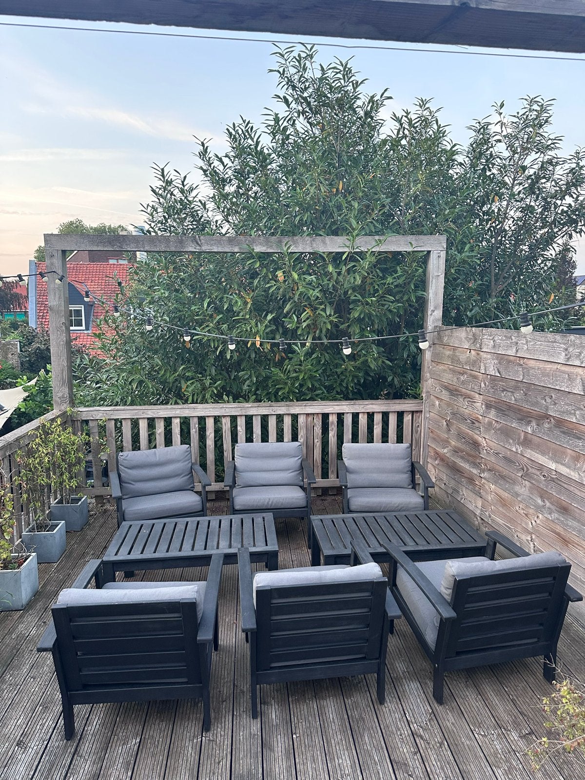 Zwarte houten tuinset met 6 stoelen, kussens en 2 tafels, Ophalen, Gebruikt, 6 zitplaatsen, Loungeset