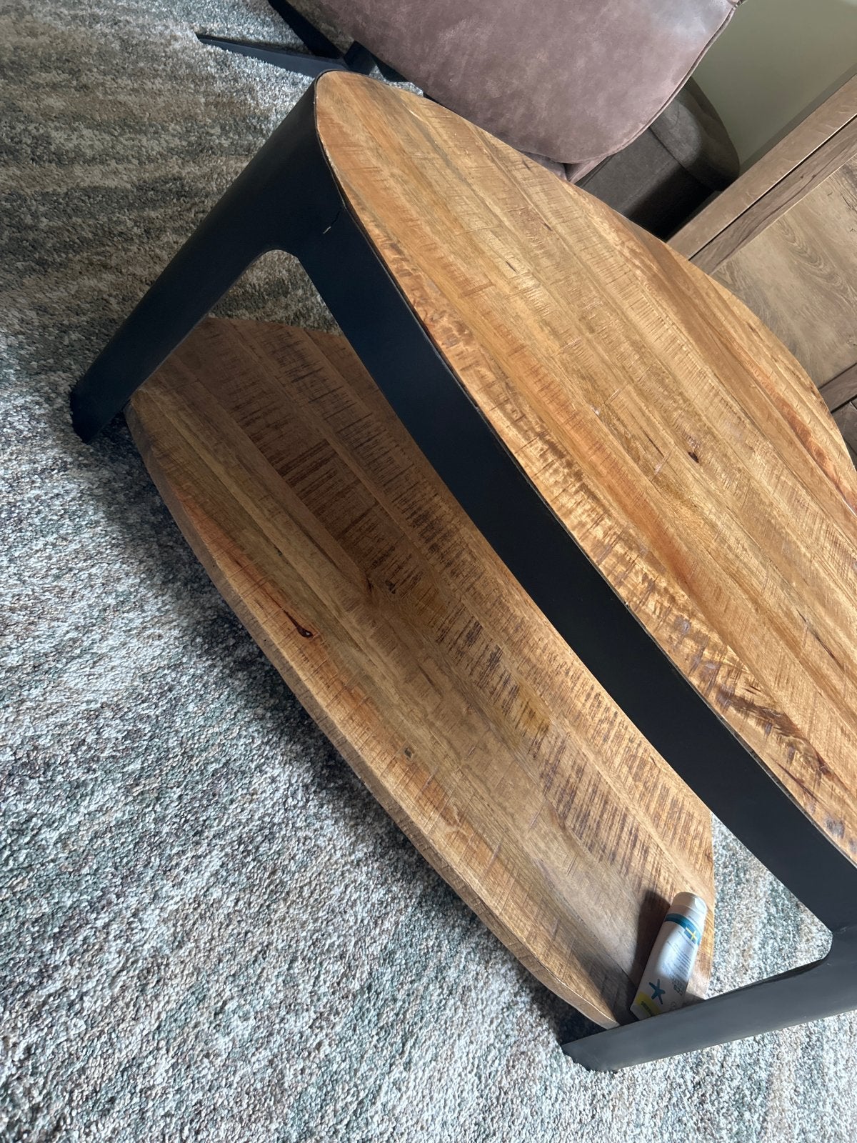 Stijlvolle salontafel van mangohout en metaal, Ophalen, 100 tot 150 cm, 50 tot 100 cm, Zo goed als nieuw