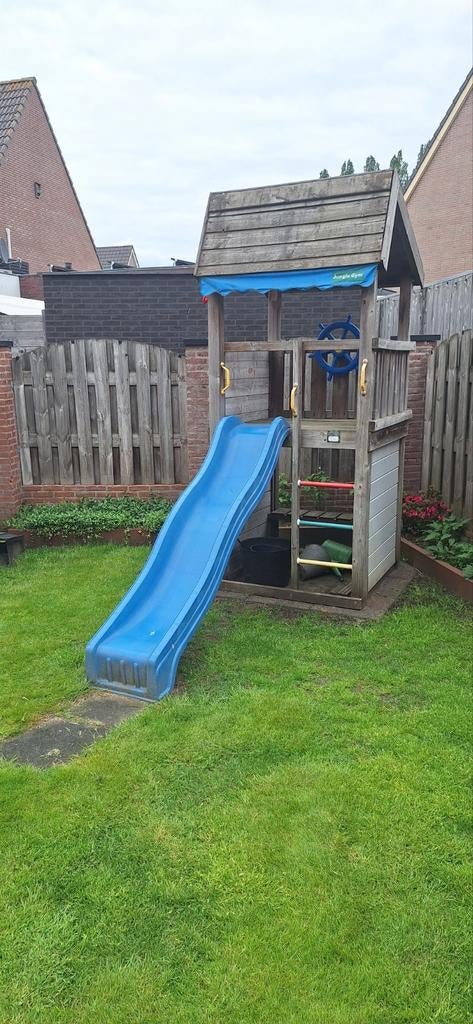 Jungle Gym Speelhuisje met Klimwand en Glijbaan, Ophalen, Gebruikt, Hout