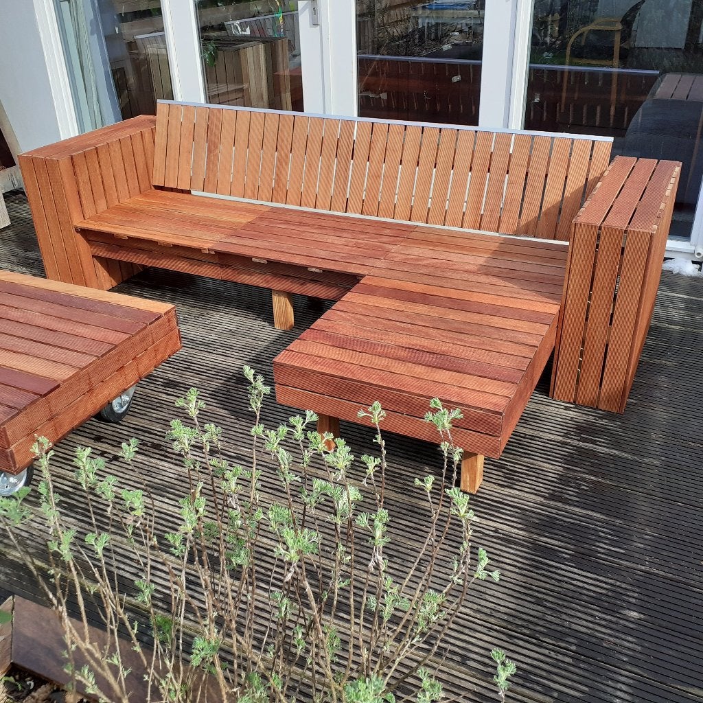 Hardhouten design tuinbank met chaise longue op maat, Tuin en Terras, Ophalen, Nieuw, Teakhout