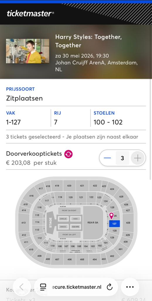 3 Kaarten Harry Styles 30 mei Amsterdam Arena, Twee personen, Mei