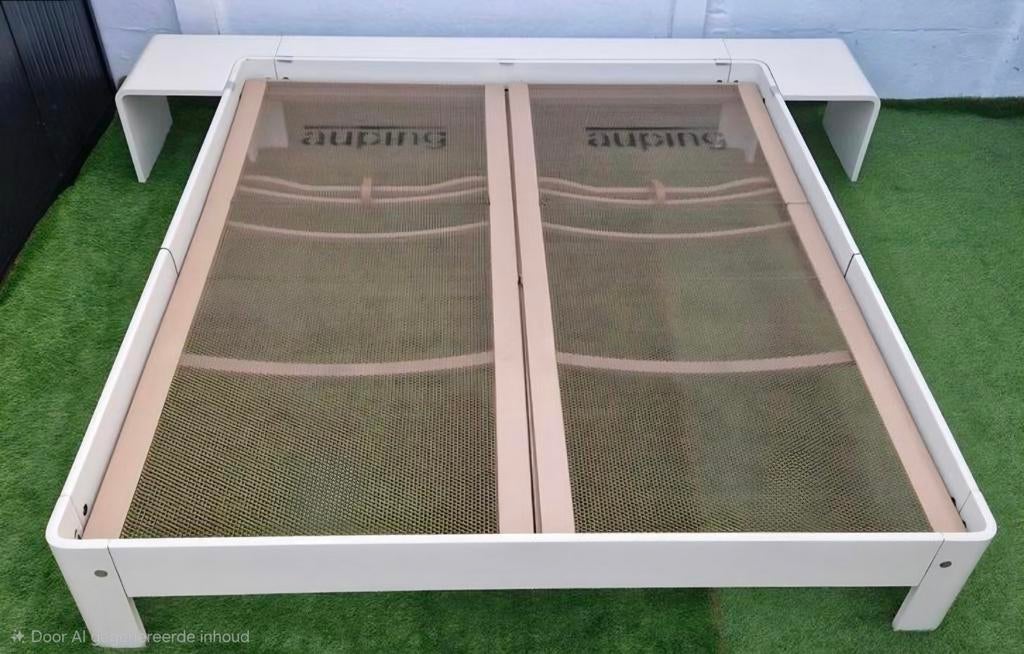 Auping Aurounde Bed 180x200cm met Achterelement en Tafeltjes, Gebruikt, ., Wit, Tweepersoons