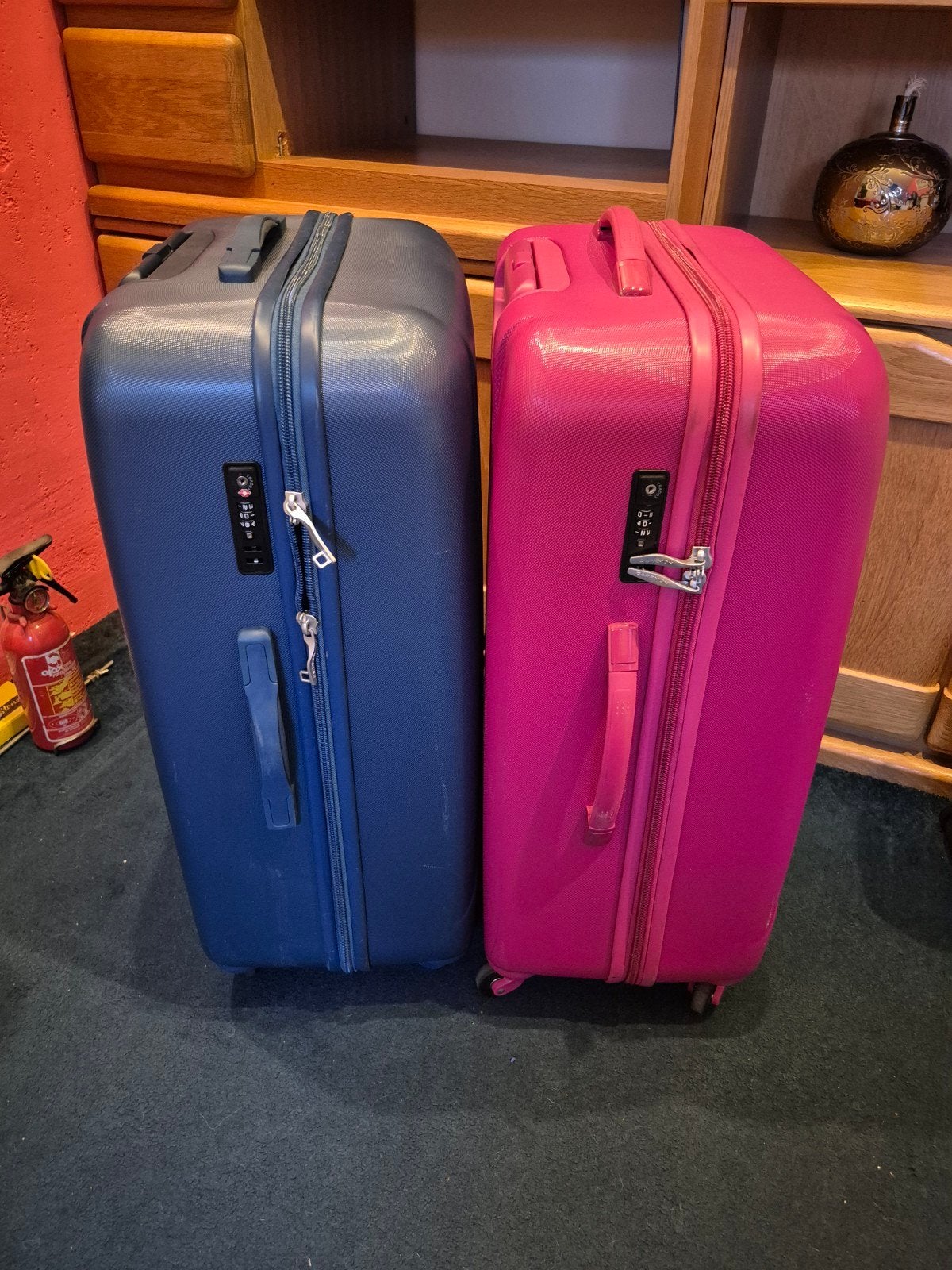Set van 2 Carryon koffers - Blauw en Roze, Ophalen, Uitschuifbare handgreep, Hard kunststof, 45 tot 55 cm