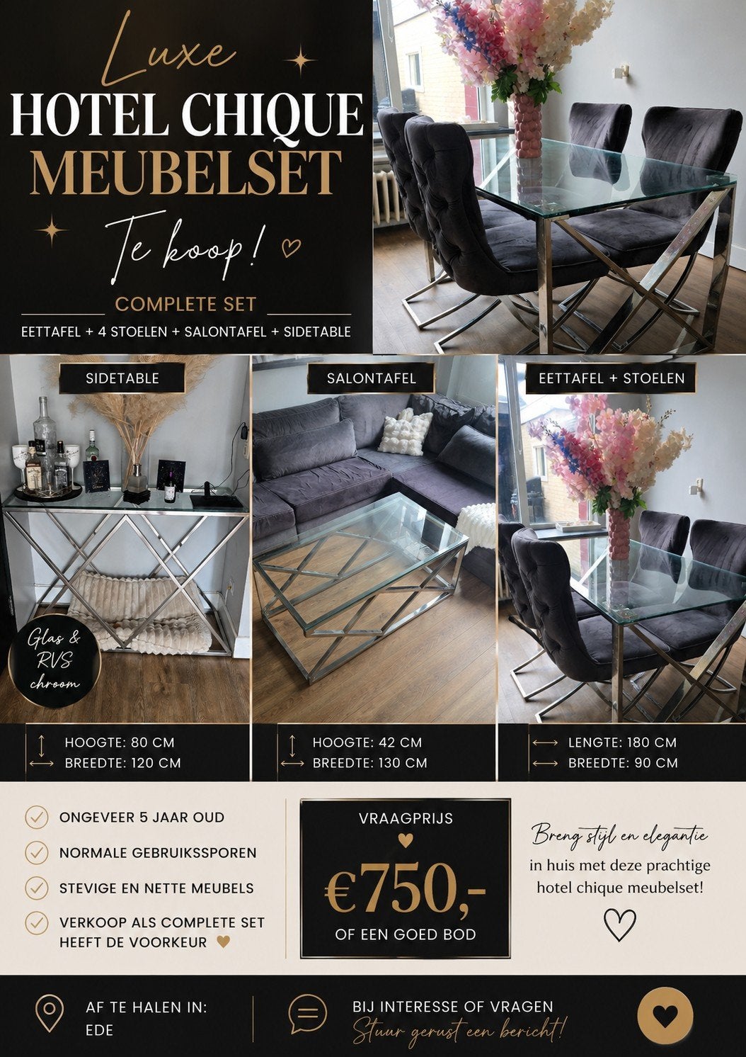 hotel chique meubelset, Ophalen of Verzenden, Zo goed als nieuw, 4 tot 6 stoelen