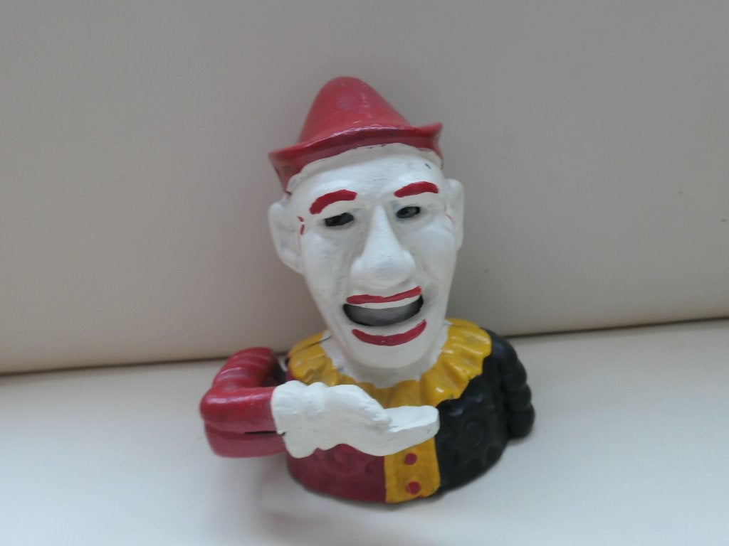 spaarpot, gietijzer antiek clown mechanisch, Verzamelen, Ophalen, Gebruikt, Metaal of Blik, Overige thema's