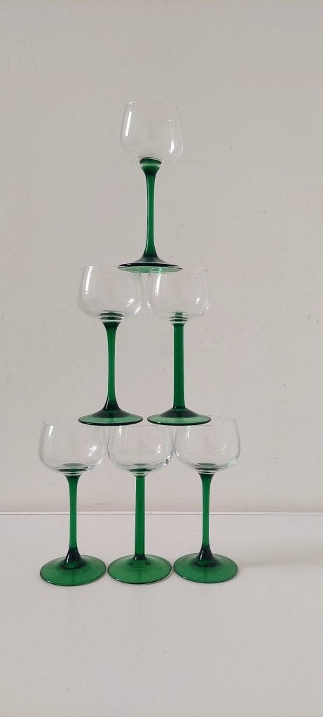 Set van 6 Vintage Luminarc Elzas Wijn glazen – Groene Voet, Eu, Eu, Overige typen, Ophalen of Verzenden