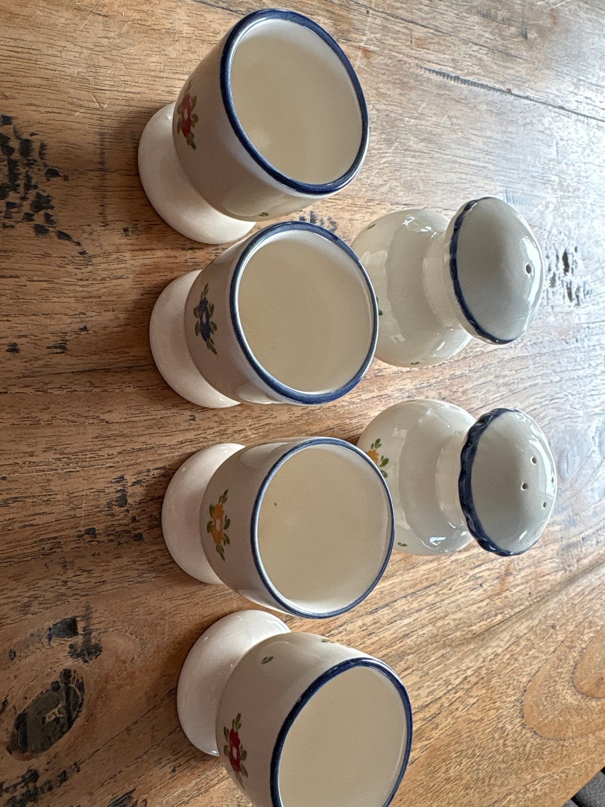 Zeller frayencerie eierdopjes en peper en zoutvaatje, Gebruikt, Keramiek, Overige typen, Vintage