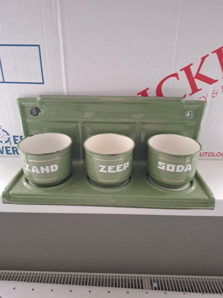 Vintage Emaille Rek met Zand, Zeep, Soda Bakjes - Groen, Ophalen