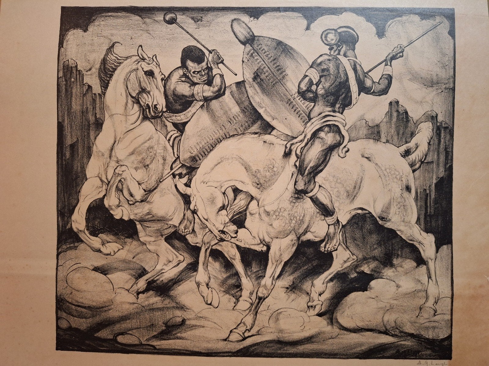 Lithografie: Afrikaanse Krijgers te Paard, Antiek en Kunst, Kunst | Etsen en Gravures, Militair, Ophalen of Verzenden, Origineel
