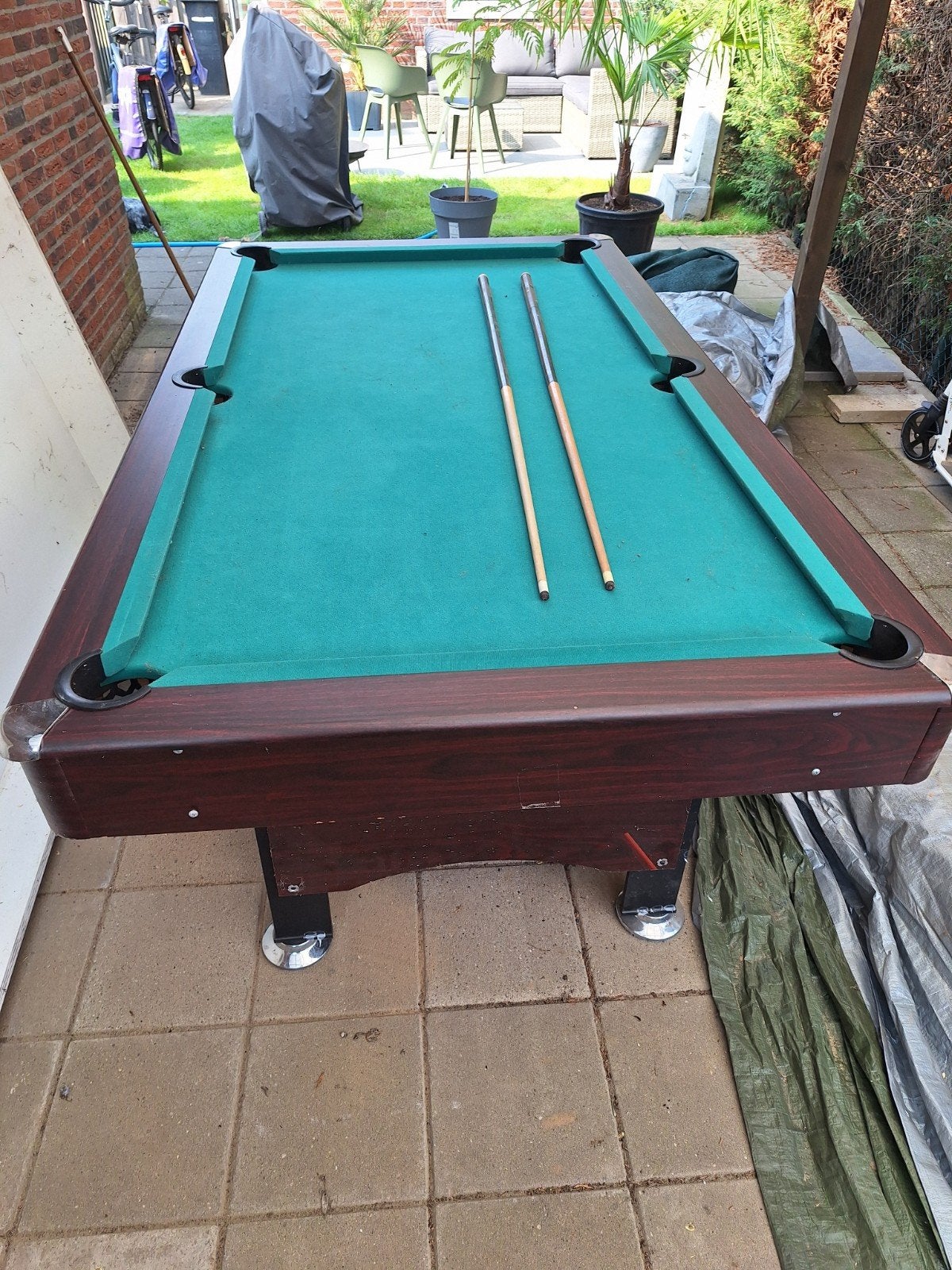Complete poolbiljart tafel met 2 keuen en afdekplaat, Ophalen, Gebruikt, Pooltafel