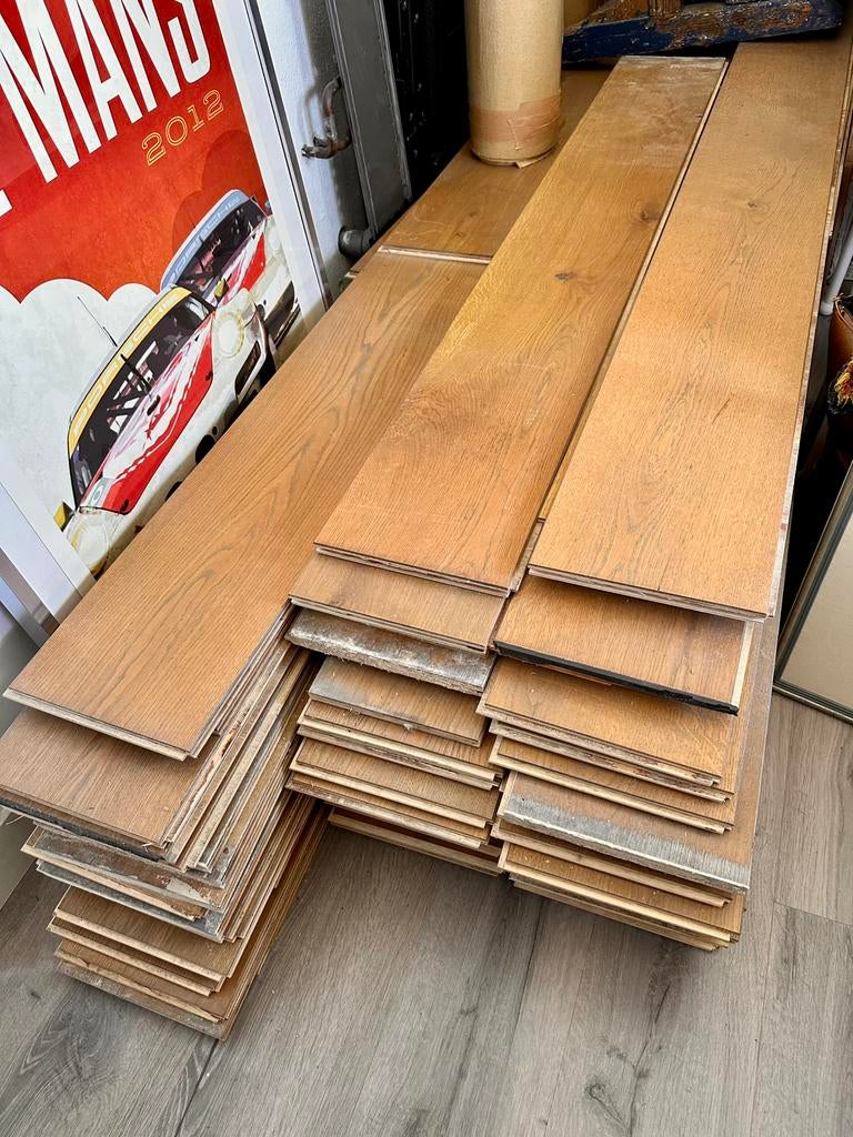 Eiken parket planken 25 m² – warme kleur – klik/combiplank, Zo goed als nieuw, 10 m² of meer, 10 tot 30 cm, Hout