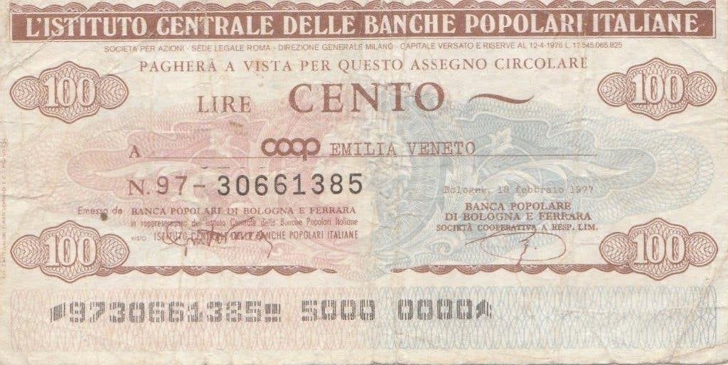 2 Mini-cheques van 100 lire van de Bancopopolare 1977, Ophalen of Verzenden, Italië, Setje