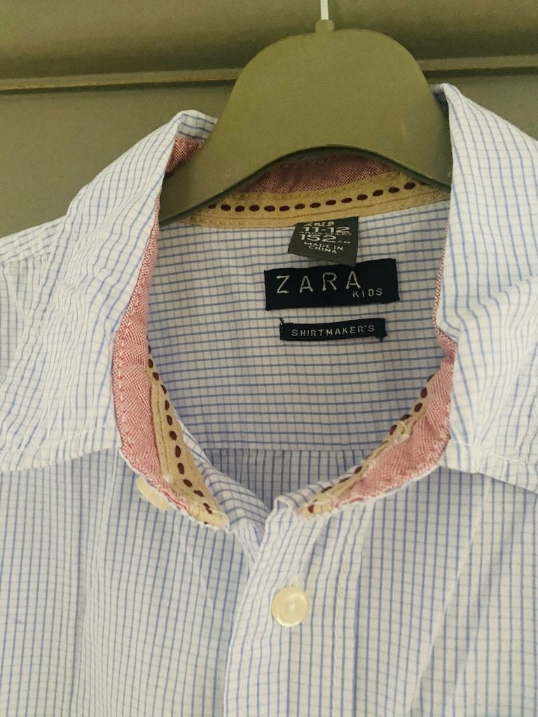 Blouse overhemd Zara maat 152 wit licht blauw katoen, Overhemd of Blouse, Ophalen of Verzenden, Zo goed als nieuw, Jongen
