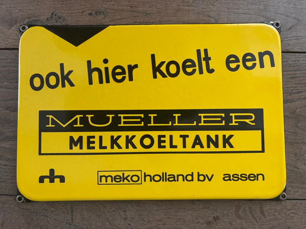 Vintage Emaille Bord Mueller Melkkoeltank - Meko Holland, Antiek en Kunst, Ophalen