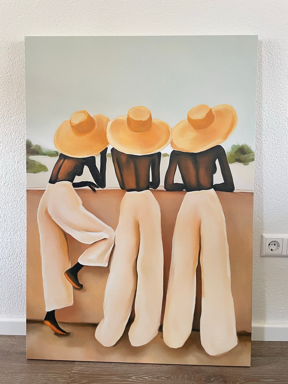 Schilderij 70x100cm - Drie Vrouwen met Hoeden, Antiek en Kunst, Ophalen, Figuren, Handgeschilderd, Olieverf