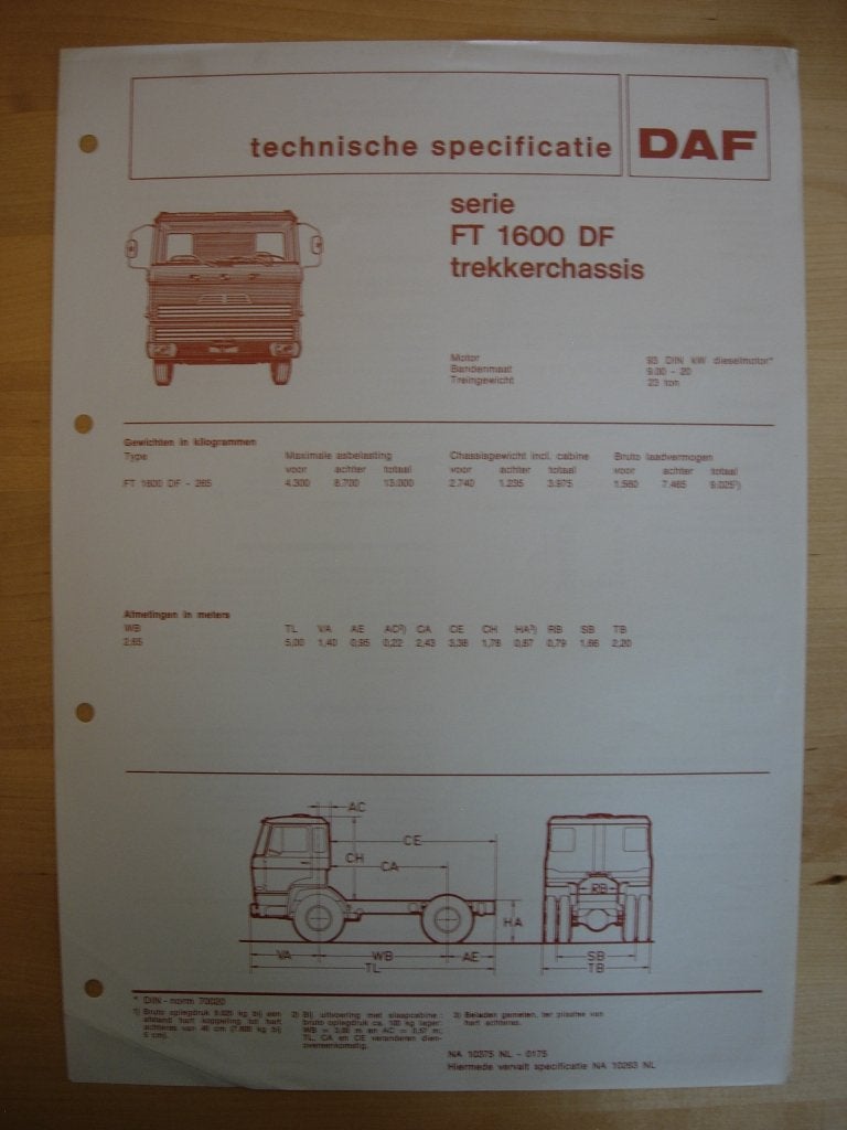 DAF FT 1600 DF Technische Specificatie folder 1975 – 4x2, Ophalen of Verzenden, Zo goed als nieuw, Overige merken, DAF