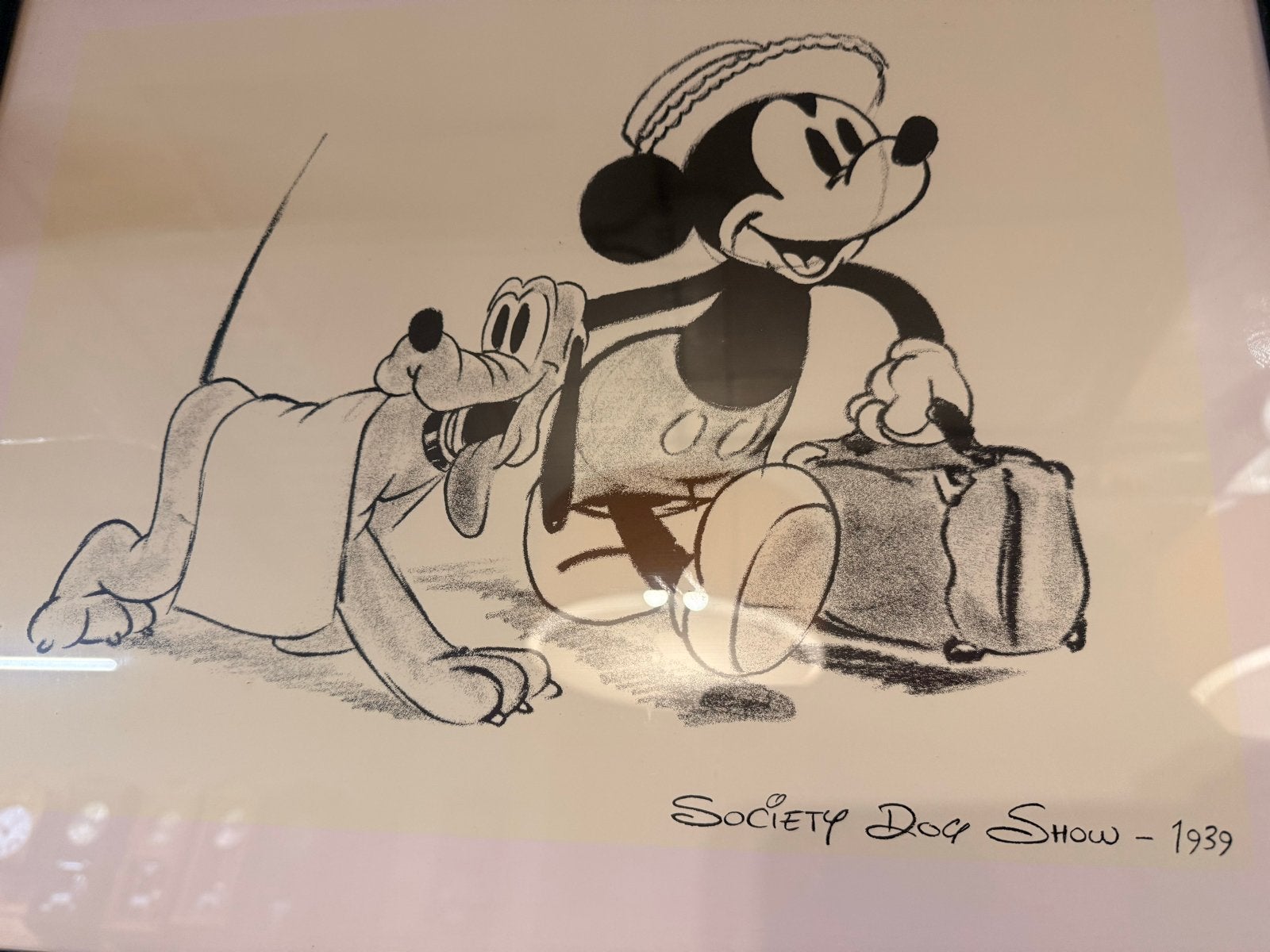 Vintage Disney Mickey Mouse & Pluto Tekening - 1939, Antiek en Kunst, Ophalen of Verzenden, Tekening, Potloodtekening, Ingelijst