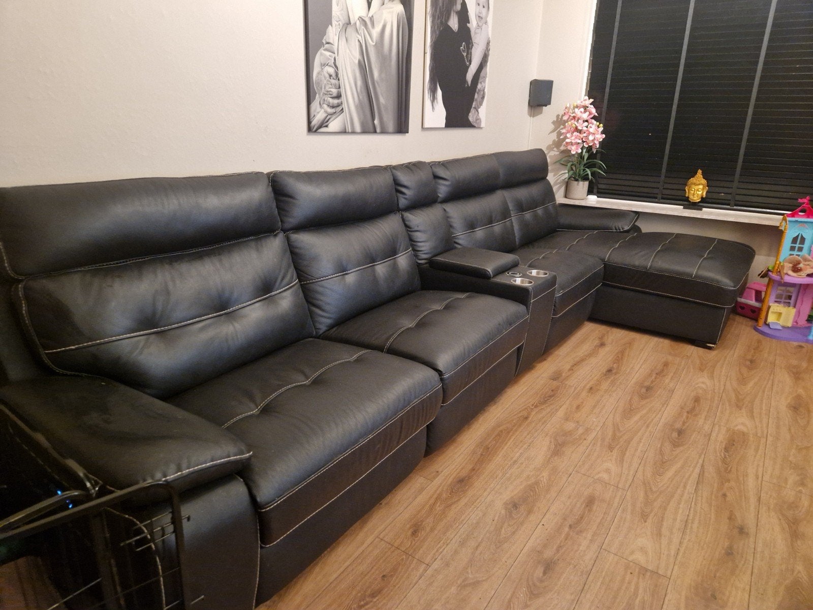 Zwarte Leren Hoekbank met Relaxfunctie en USB-oplader, Ophalen of Verzenden, Gebruikt, Leer, Modern, Comfort