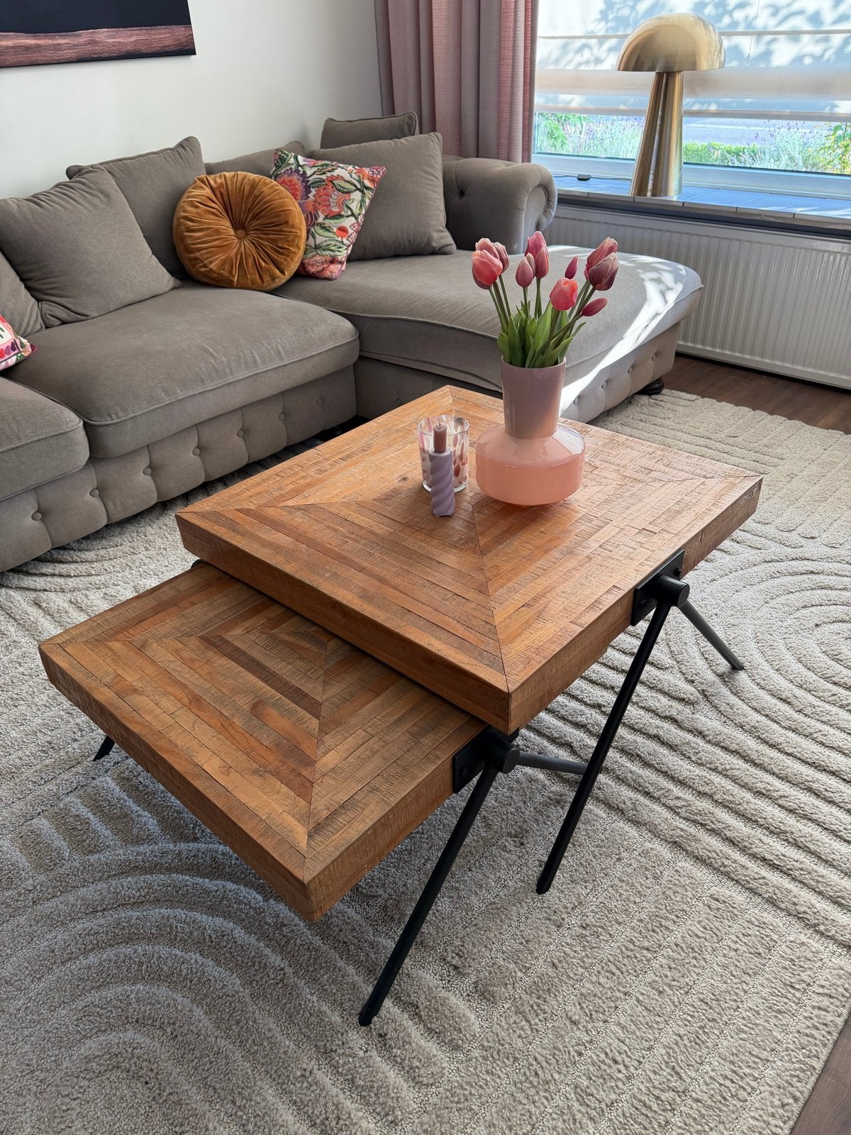 Set van 2 houten salontafels met metalen onderstel, Ophalen, Gebruikt, Vierkant, 50 tot 100 cm