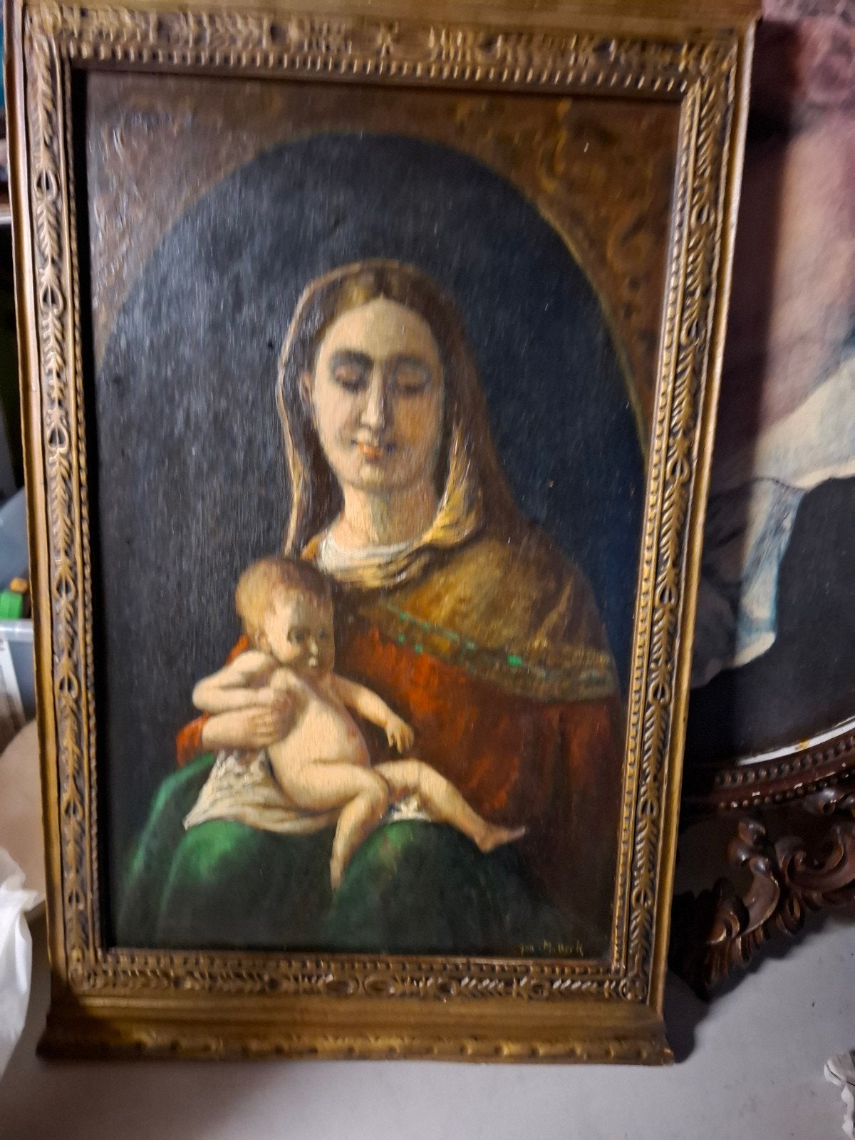 Oud schilderij Maria met kind, gesigneerd J.M. Beek, Paneel, Portret of Personen, Ophalen of Verzenden, Klassiek