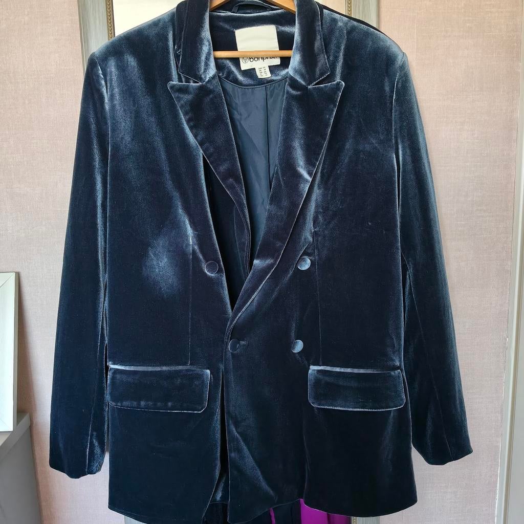 Mooi suède blazer, Kleding | Dames, Jasjes, Kostuums en Pakken, Ophalen, Zo goed als nieuw, Maat 42/44 (L), Blauw