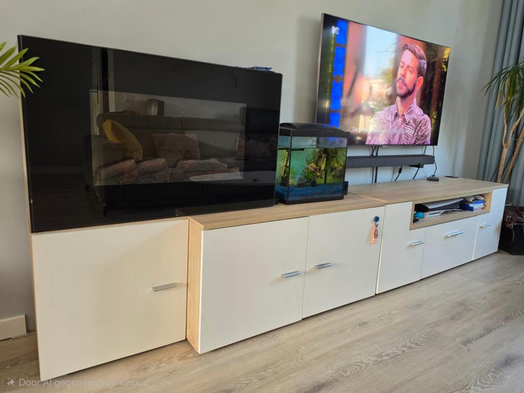 TV-meubel met elektrische haard - Eiken Wit, Zo goed als nieuw, 200 cm of meer, Minder dan 100 cm, Overige houtsoorten