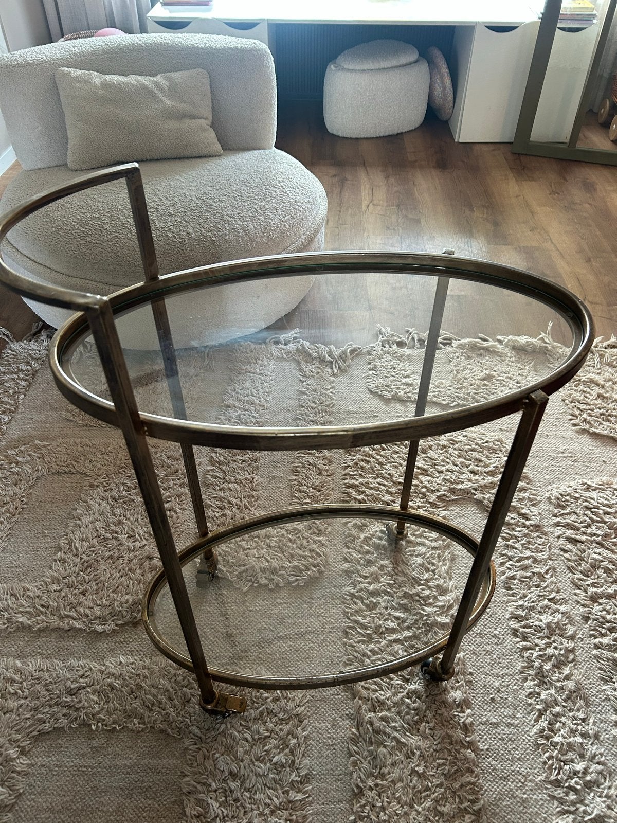 BePureHome trolley - Glazen bijzettafel op wielen, Ophalen of Verzenden, Gebruikt, Ovaal, Metaal of Aluminium