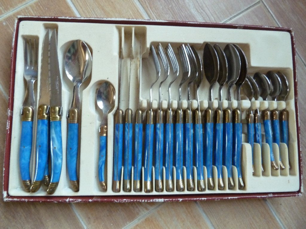 6 delig blauw bestek laguiole, Ophalen of Verzenden