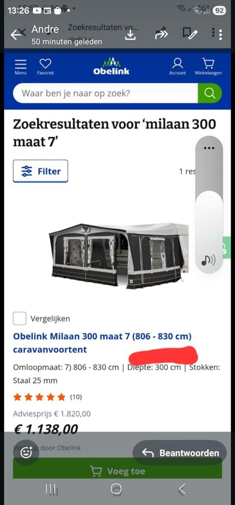 Voortent Obelink milaan 300 maat 7, Caravans en Kamperen, Tenten, Ophalen, Zo goed als nieuw