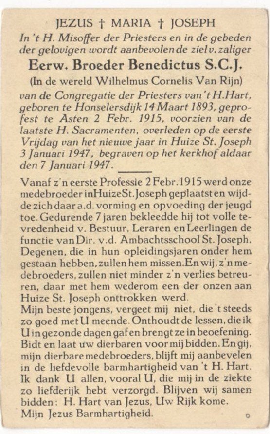 broeder Wilhelmus van Rijn 1893 Honselersdijk + 1947 Heer, Verzamelen, Verzenden