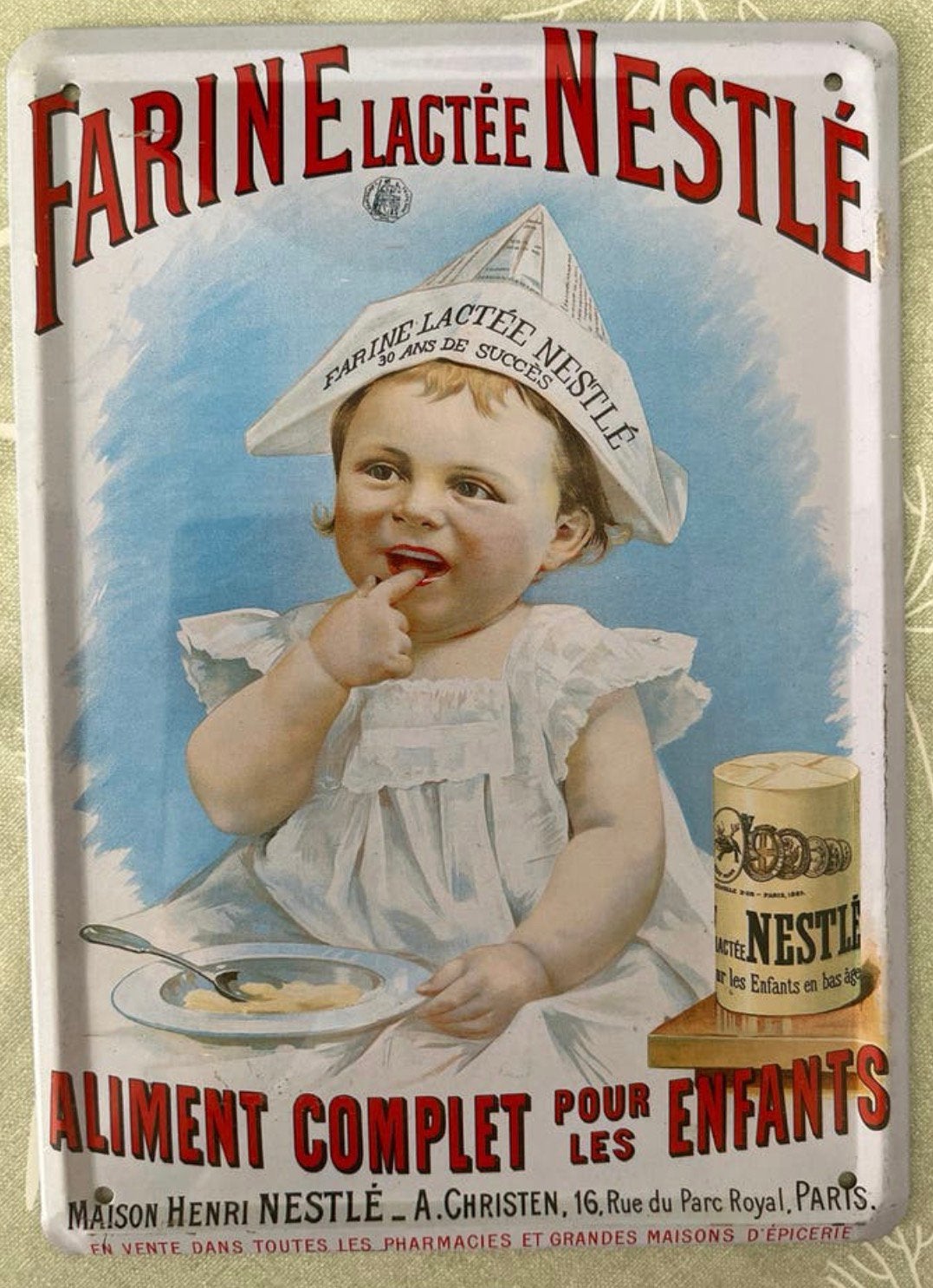 Vintage Nestlé Farine Lactée Blikken Reclamebord, Ophalen of Verzenden, Gebruikt, Reclamebord