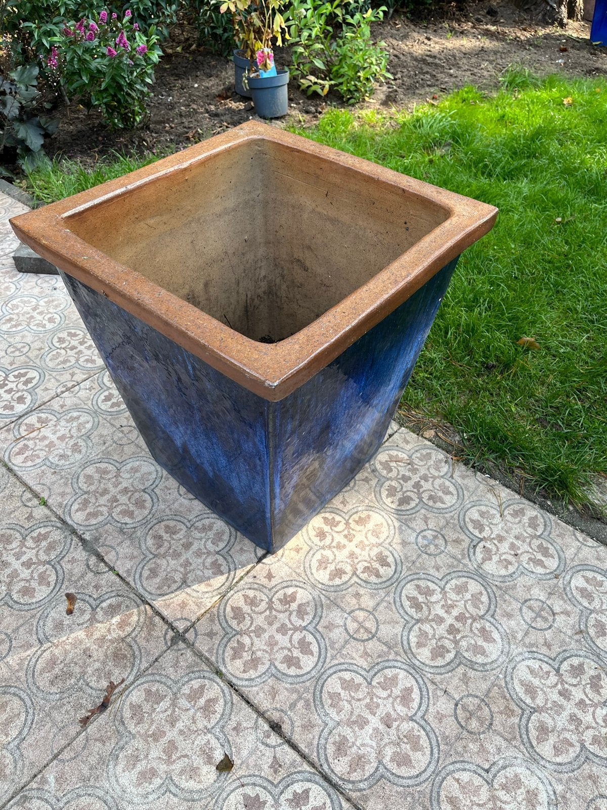 Grote blauwe bloempot van aardewerk, Gebruikt, Vierkant, Binnen, Aardewerk