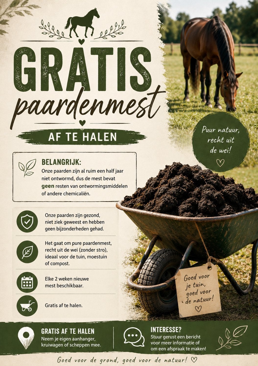 Gratis paardenmest af te halen - Ideaal voor uw tuin!, Tuin en Terras, Aarde en Mest, Ophalen, Mest