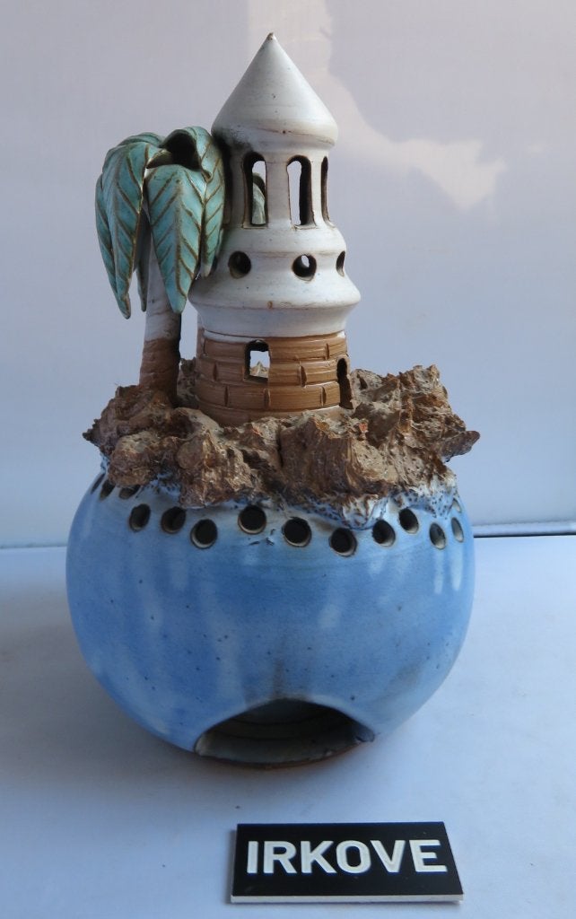 VUURTOREN OP EILAND * Sfeerlicht *, Waxinelichthouder, Nieuw, 22 cm, Steen/keramiek