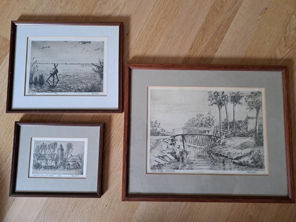 3 etsen Smallingerland van P. de Vries, Ophalen of Verzenden, Landschap, Ets