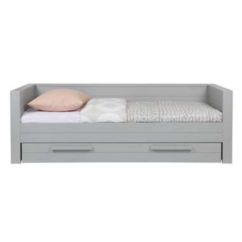 Eenpersoons bed Woood “Dennis” met lade (grenen, lichtgrijs), Ophalen, Zo goed als nieuw