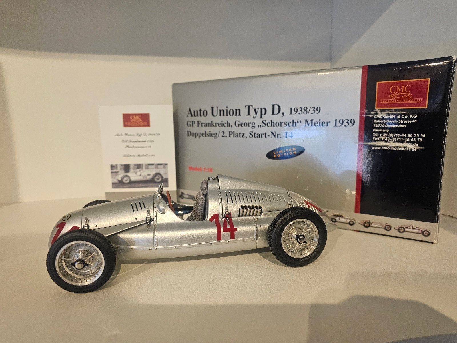 CMC Auto Union Typ D 1938/39 GP Frankrijk 1:18, Ophalen of Verzenden, Zo goed als nieuw, Auto, Overige merken