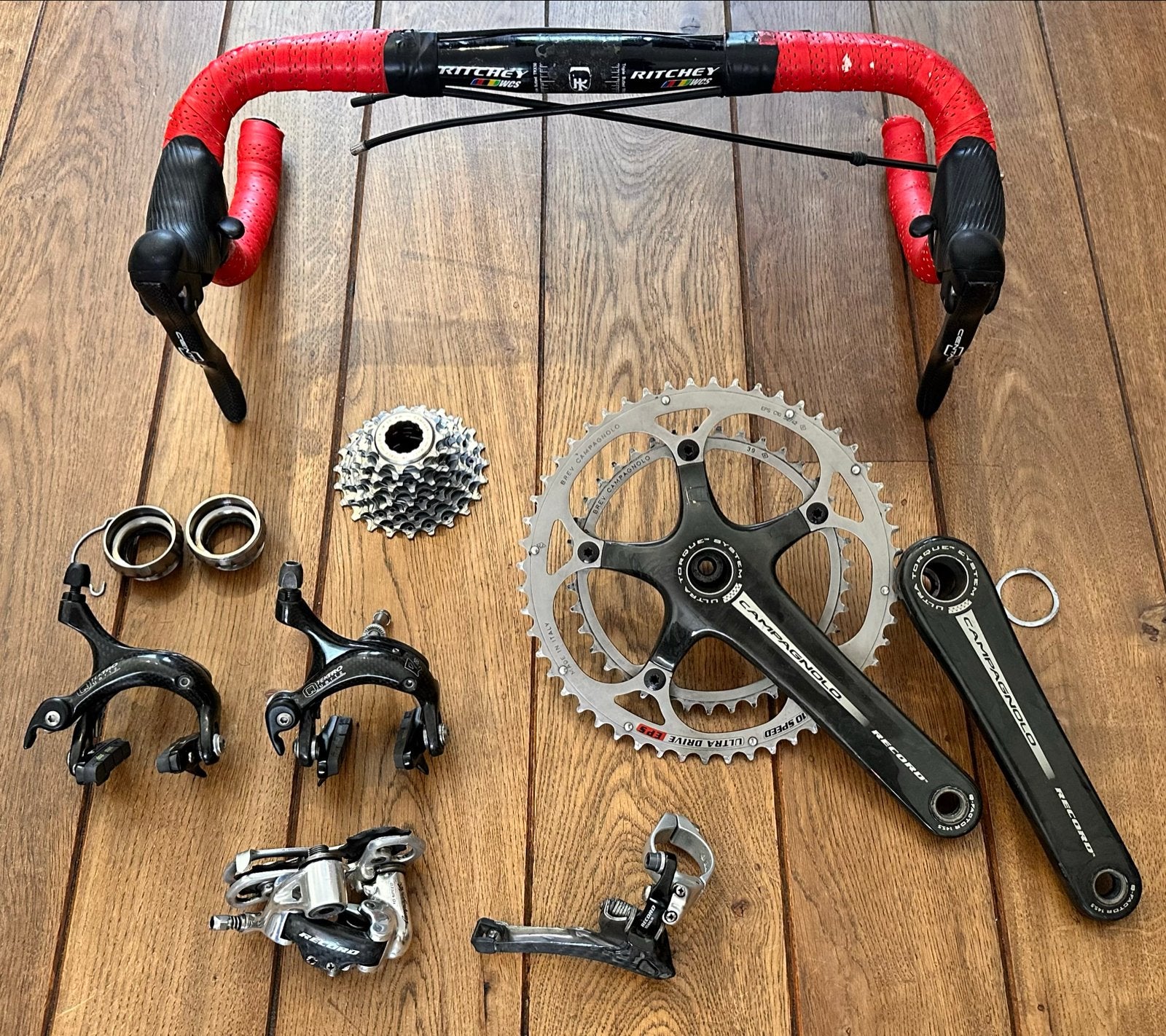Campagnolo Record titanium Groepset met Centaur en Tektro, Fietsen en Brommers, Fietsonderdelen, Gebruikt, Crankstel of Pedalen