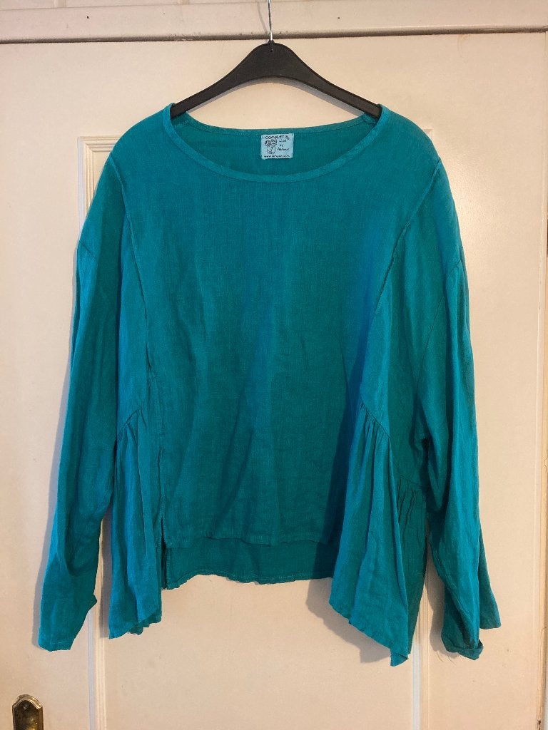 Aparte blauw groene wijde linnen blouse van Completo, mt XL, Verzenden, Blouse of Tuniek, Zo goed als nieuw, Groen