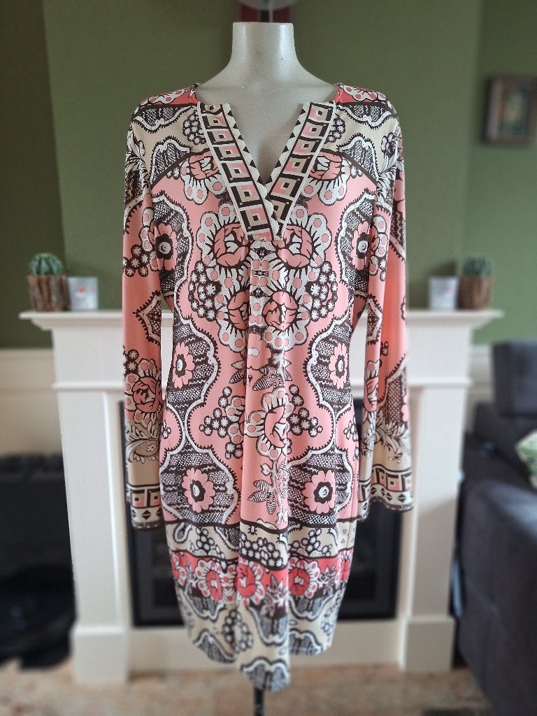 Hale Bob gevoerde roze bruine creme print jurk mt L, Kleding | Dames, Jurken, Verzenden, Maat 42/44 (L), Knielengte, Roze