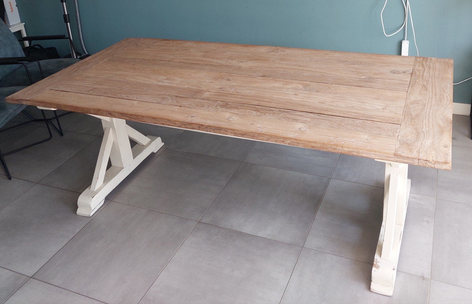 Mooie eettafel met teak houten blad 210x100 cm, Ophalen, Rechthoekig, 200 cm of meer, 50 tot 100 cm