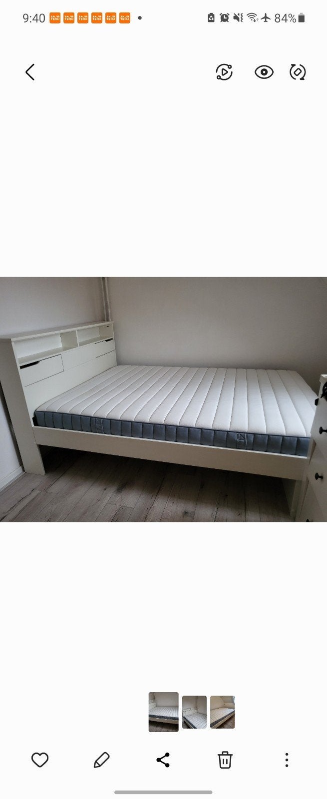 Wit tweepersoonsbed met hoofdbord en opbergruimte, Ophalen, Wit, Tweepersoons, 140 cm