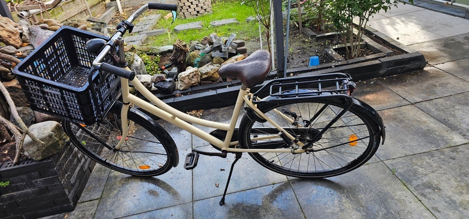 Damesfiets met krat - Crème/Zwart, Velgrem, Ophalen, Overige merken, 53 tot 56 cm